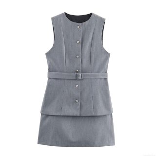 Women's Two-Piece Effect Sleeveless Mini Dress Round Neck Polyester Cotton Blend Pleated Dress With Belt Metal Buttons Office Party Casual Elegant Short Dress
