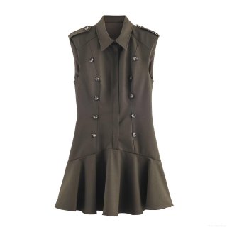Women Military Style Sleeveless Mini Dress Elegant Polyester Double Breasted Padded Shoulder Ruffle Hem Shirt Dress For Party Daily Wear