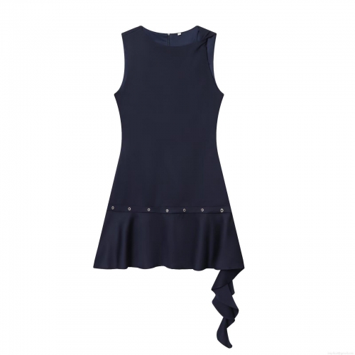 Elegant Women's Sleeveless Round Neck Asymmetrical Hem Mini Dress With Metal Studs Decoration Navy Blue Summer Party Ruffle Slim Fit Dress