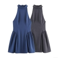 Women's Elegant Halter Neck Sleeveless Mini Dress Solid Color Pleated A-Line Summer Vacation Party Dress With Back Hidden Zipper
