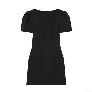 Women Elegant Slim Fit Mini Dress Polyester Puff Sleeve Round Neck Pleated Dress With Pockets Back Zipper For Party Office Daily Short Dress