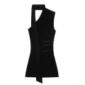 Women Black Velvet Halter Neck Mini Dress Sexy Bodycon Ruching Sleeveless Asymmetric Party Evening Cocktail Dress