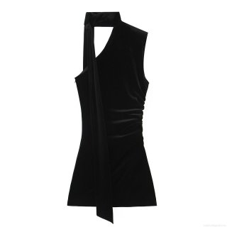 Women Black Velvet Halter Neck Mini Dress Sexy Bodycon Ruching Sleeveless Asymmetric Party Evening Cocktail Dress