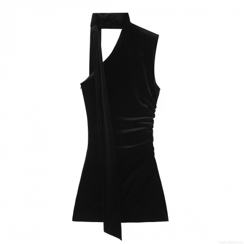 Women Black Velvet Halter Neck Mini Dress Sexy Bodycon Ruching Sleeveless Asymmetric Party Evening Cocktail Dress