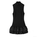 Sexy Black Lace Patchwork Satin Mini Dress for Women High Neck Sleeveless Ruffle Pleated Cocktail Party Nightclub Dress