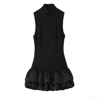Sexy Black Lace Patchwork Satin Mini Dress for Women High Neck Sleeveless Ruffle Pleated Cocktail Party Nightclub Dress