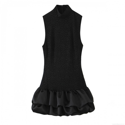 Sexy Black Lace Patchwork Satin Mini Dress for Women High Neck Sleeveless Ruffle Pleated Cocktail Party Nightclub Dress
