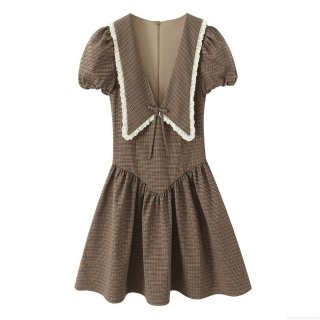 French Retro Plaid Mini Dress Women Elegant Big Peter Pan Collar Lace Trim Puff Sleeve Bow Tie Slim Fit Polyester Dress