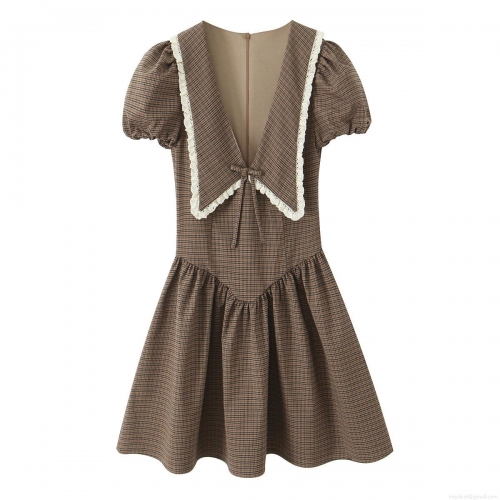 French Retro Plaid Mini Dress Women Elegant Big Peter Pan Collar Lace Trim Puff Sleeve Bow Tie Slim Fit Polyester Dress