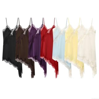 Women's Elegant Satin Mini Cami Dress With Lace Trim V-Neck Asymmetrical Hem Sleeveless Polyester Slip Dress For Party Vacation Nightgown