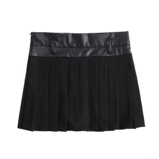 Women Sexy PU Leather Patchwork Pleated Mini Skort A-Line High Waist Solid Black Skirt Pants With Safety Lining For Party Streetwear Summer Casual
