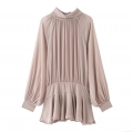 Women's Elegant Bow Tie Mock Neck Mini Dress Long Sleeve Ruffled Hem Pleated Dusty Rose Sexy Party Cocktail Chiffon Dresses