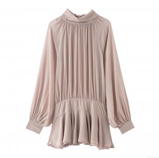 Women's Elegant Bow Tie Mock Neck Mini Dress Long Sleeve Ruffled Hem Pleated Dusty Rose Sexy Party Cocktail Chiffon Dresses