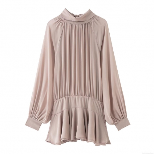 Women's Elegant Bow Tie Mock Neck Mini Dress Long Sleeve Ruffled Hem Pleated Dusty Rose Sexy Party Cocktail Chiffon Dresses