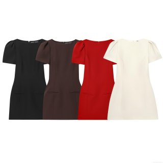 Elegant Acetate Satin Polyester Blend Puff Sleeve Mini Dress Round Neck Pleated Short Sleeve Dress With Decorative Pockets For Women Party Clubwear Office