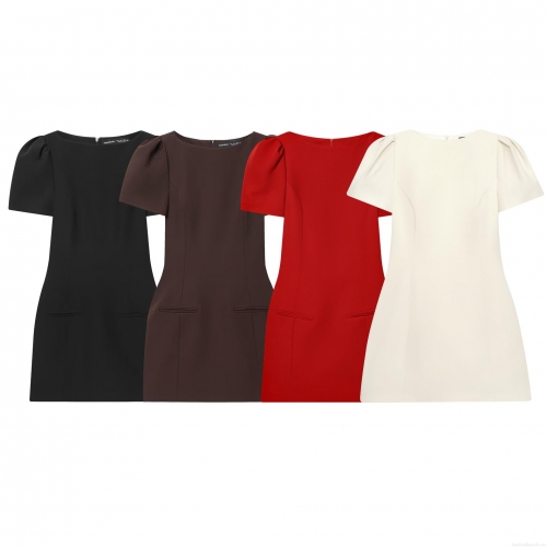 Elegant Acetate Satin Polyester Blend Puff Sleeve Mini Dress Round Neck Pleated Short Sleeve Dress With Decorative Pockets For Women Party Clubwear Office