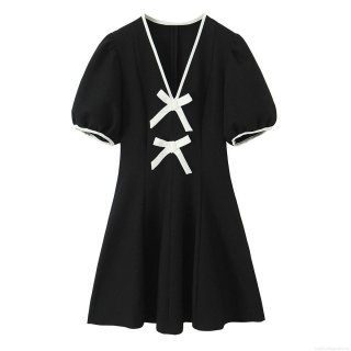 Women's Fashion Contrast Piping Mini Dress Elegant V-Neck Short Puff Sleeve White Bow-Knot Decoration Color-block Black Dress For Women