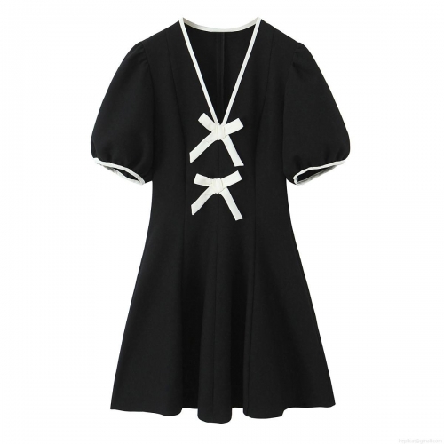 Women's Fashion Contrast Piping Mini Dress Elegant V-Neck Short Puff Sleeve White Bow-Knot Decoration Color-block Black Dress For Women