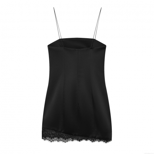 Women's Elegant Satin Spaghetti Strap Mini Dress With Eyelash Lace Trim Sexy Solid Color Sleeveless Backless Slip Dress For Party Nightclub Evening