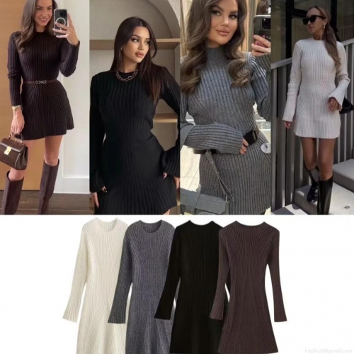 Women's Ribbed Knit Bodycon Dress Mock Neck Long Sleeve Mini Sweater Dress Solid Color Slim Fit Autumn Elegant Fashion