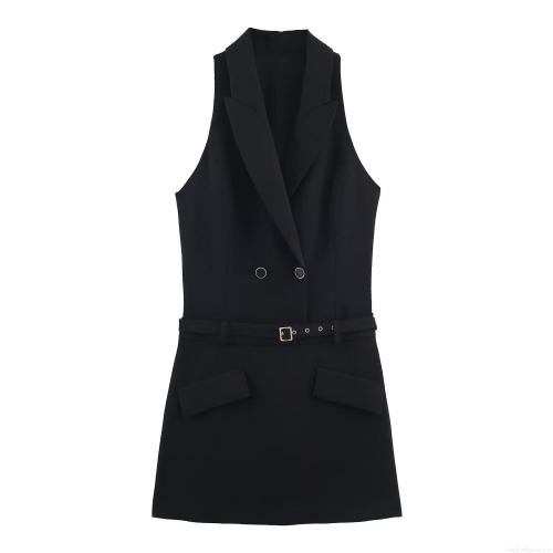 Elegant Women's Sleeveless Blazer Dress Solid Color Double Breasted Mini Dress With Belt Sexy Bodycon Party Clubwear Polyester Outfit