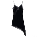 Women's Elegant Black Velvet Lace Patchwork Cami Dress Sexy V-Neck Asymmetric Hem Sleeveless Mini Slip Dress for Party Evening Club Wear