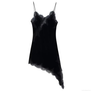 Women's Elegant Black Velvet Lace Patchwork Cami Dress Sexy V-Neck Asymmetric Hem Sleeveless Mini Slip Dress for Party Evening Club Wear