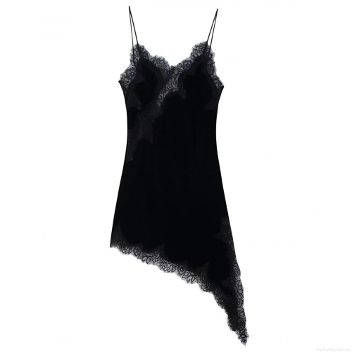 Women's Elegant Black Velvet Lace Patchwork Cami Dress Sexy V-Neck Asymmetric Hem Sleeveless Mini Slip Dress for Party Evening Club Wear