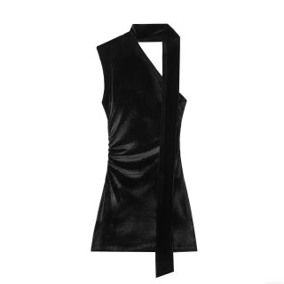 Women's Black Velvet Halter Neck Mini Dress Sleeveless Side Ruched Irregular Hem Bodycon Party Clubwear Elegant Sexy One Piece Dress For Ladies