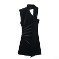 Women Sexy Black Velvet Mini Dress Sleeveless Asymmetric Neck Scarf Trim Ruched Bodycon Party Clubwear Elegant Evening Short Dress For Women