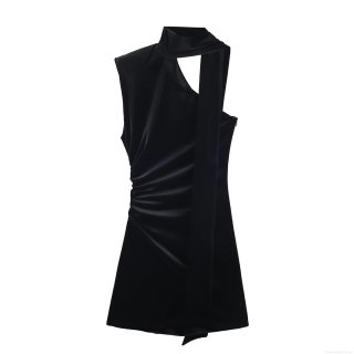 Women Sexy Black Velvet Mini Dress Sleeveless Asymmetric Neck Scarf Trim Ruched Bodycon Party Clubwear Elegant Evening Short Dress For Women
