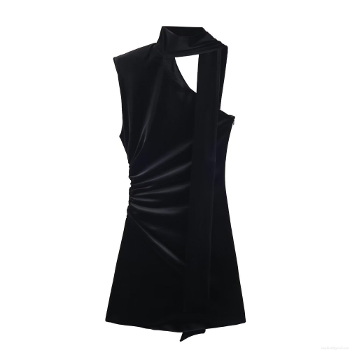 Women Sexy Black Velvet Mini Dress Sleeveless Asymmetric Neck Scarf Trim Ruched Bodycon Party Clubwear Elegant Evening Short Dress For Women