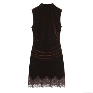 Women's Elegant Velvet Lace Trim Mini Dress Sleeveless High Neck Bodycon Ruched Party Evening Vacation Short Sun Dress