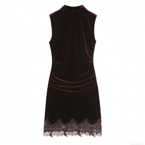 Women's Elegant Velvet Lace Trim Mini Dress Sleeveless High Neck Bodycon Ruched Party Evening Vacation Short Sun Dress