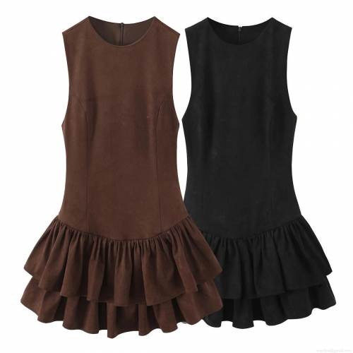 Women's Fashion Sleeveless Faux Suede Mini Dress Elegant Round Neck Solid Color Double Layered Ruffle Hem Party Dress With Back Zipper