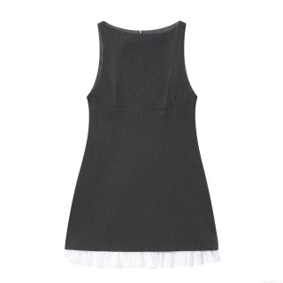 Women's Elegant Deep Gray Sleeveless Mini Dress With White Ruffle Hem Patchwork Design Bodycon Back Zipper Tank Dress For Party Club Night