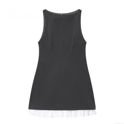 Women's Elegant Deep Gray Sleeveless Mini Dress With White Ruffle Hem Patchwork Design Bodycon Back Zipper Tank Dress For Party Club Night