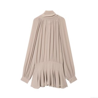 Women's Elegant Chiffon Mini Dress Mock Neck Long Lantern Sleeve Bow Tie Ruched Ruffle Hem Solid Color Pleated Dresses For Party Date Night Lady