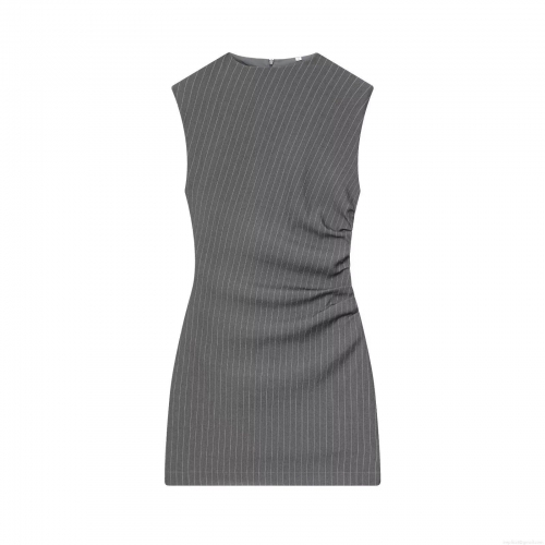 Women's Elegant Pinstripe Sleeveless Mini Dress With Padded Shoulder Ruched Slim Fit Polyester Party Dress Office Wear