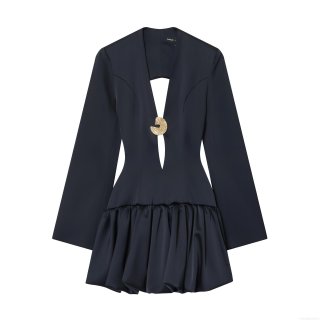 Women's Sexy Deep V-Neck Long Sleeve Satin Bubble Hem Mini Dress Elegant Backless Party Club Dress With Gold Metal Ring Buckle