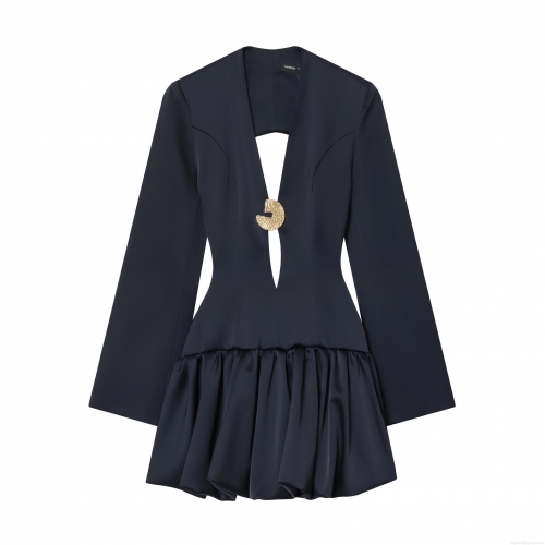 Women's Sexy Deep V-Neck Long Sleeve Satin Bubble Hem Mini Dress Elegant Backless Party Club Dress With Gold Metal Ring Buckle