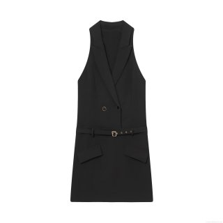 Women's Sleeveless Double Breasted Blazer Dress With Belt Elegant Solid Black V Neck Mini Suit Dress For Office Party Commuting Elegant Vest Dress