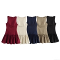 Women's Sleeveless Round Neck Mini Dress Elegant Solid Color Ruched Hem Bow Decor Bodycon Party Dress With Back Zipper