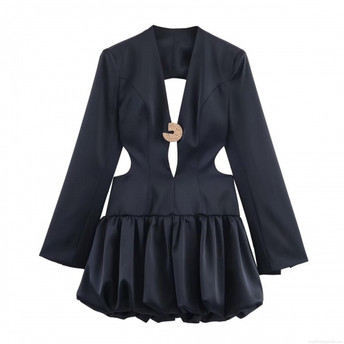 Women's Elegant Black Satin Balloon Mini Dress Deep V-Neck Cutout Back Long Sleeve Sexy Blazer Style Party Cocktail Dress For Ladies