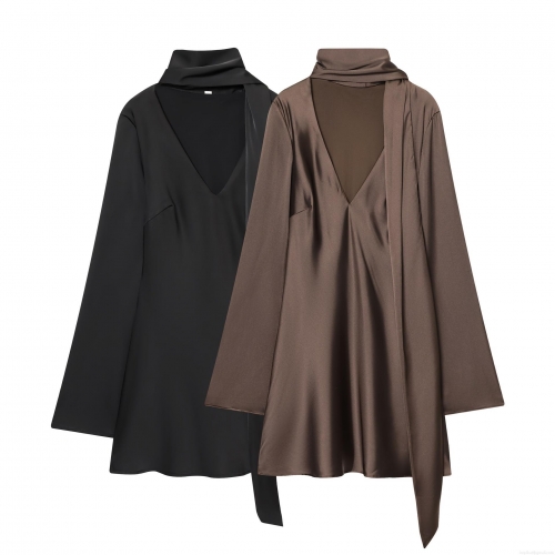 Women's Elegant V-Neck Long Sleeve Satin Polyester Mini Dress With Scarf Collar Silky Cocktail Party Bodycon Sheath Dress For Ladies Formal Evening Event