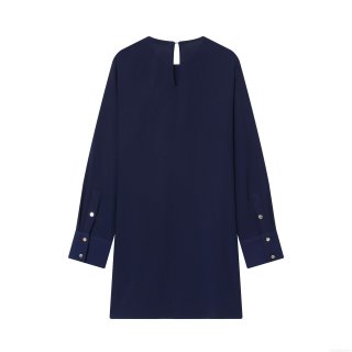 Navy Blue Long Sleeve Mini Dress Polyester Elegant Round Neck Solid Color Short Dress With Gold Buttons For Women Casual Date Party Sexy Sheath Slim Fit