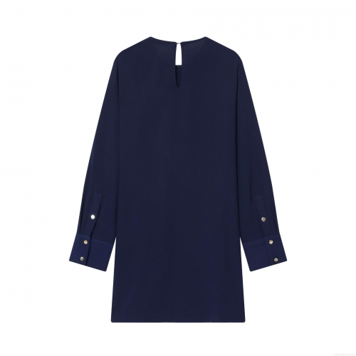 Navy Blue Long Sleeve Mini Dress Polyester Elegant Round Neck Solid Color Short Dress With Gold Buttons For Women Casual Date Party Sexy Sheath Slim Fit
