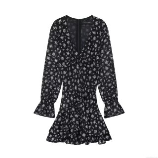 Elegant Women Floral Printed Chiffon Mini Dress Deep V-Neck Long Sleeve Ruffle Layered Hem Back Zipper Tight Fit Sexy Party Short Dress