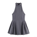 Women Fashion Halter Neck Mini Dress Sleeveless Polyester Pleated Short Party Dress With Back Zipper Elegant Slim Fit Evening Clubwear Ladies Clothing