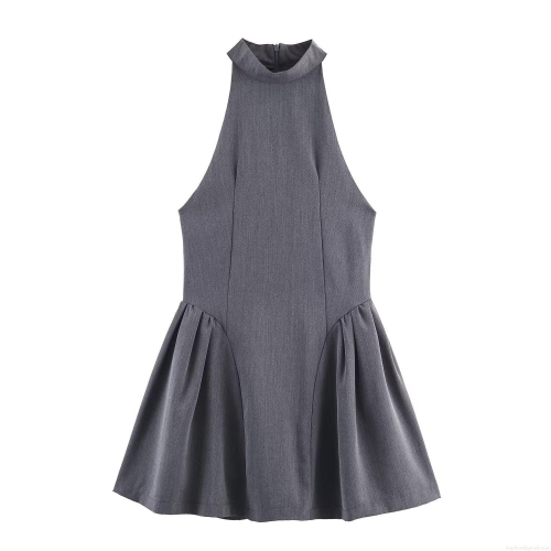 Women Fashion Halter Neck Mini Dress Sleeveless Polyester Pleated Short Party Dress With Back Zipper Elegant Slim Fit Evening Clubwear Ladies Clothing